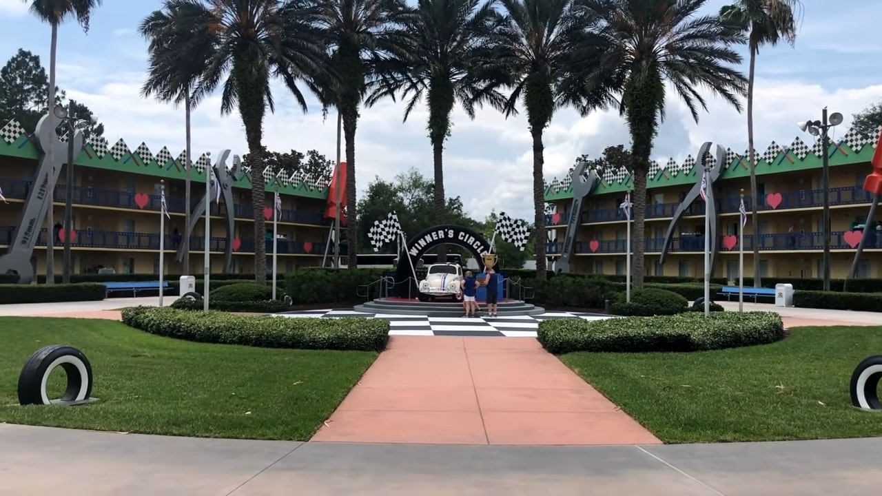 What Is The Best All-Star Resort At Disney World? 4 Herbie the Love Bug car and winner circle arch at Disney All Star Movies Resort